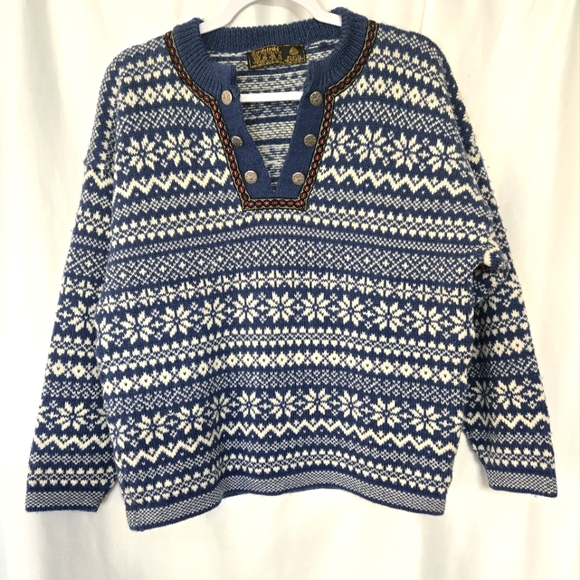 Nordstrikk Virgin Blue /White Snow Flakes Heavy Wool Winter Sweater - Picture 1 of 7